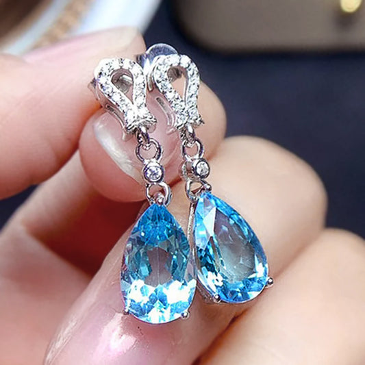 NO.25-Sea blue opal long earrings, water drop pear-shaped temperament earrings