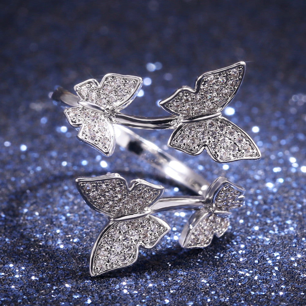 Butterfly Set, Four Butterfly Diamond Collarbone Chain, Two Butterfly Earrings, Open Butterfly Ring