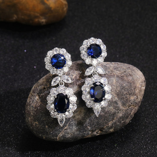 NO.10-Luxury exquisite sapphire blue zircon earrings for women, new light luxury New Year's earrings