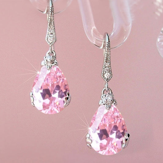NO.15-Women's Fashion Accessories Jewelry, Pink Water Drop Zircon Simple Versatile Earrings