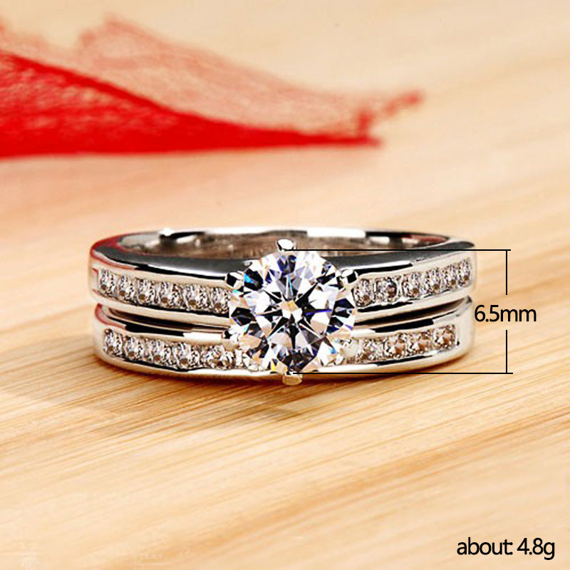 71.Platinum-plated six-claw couple engagement ring, exquisite zircon ring set