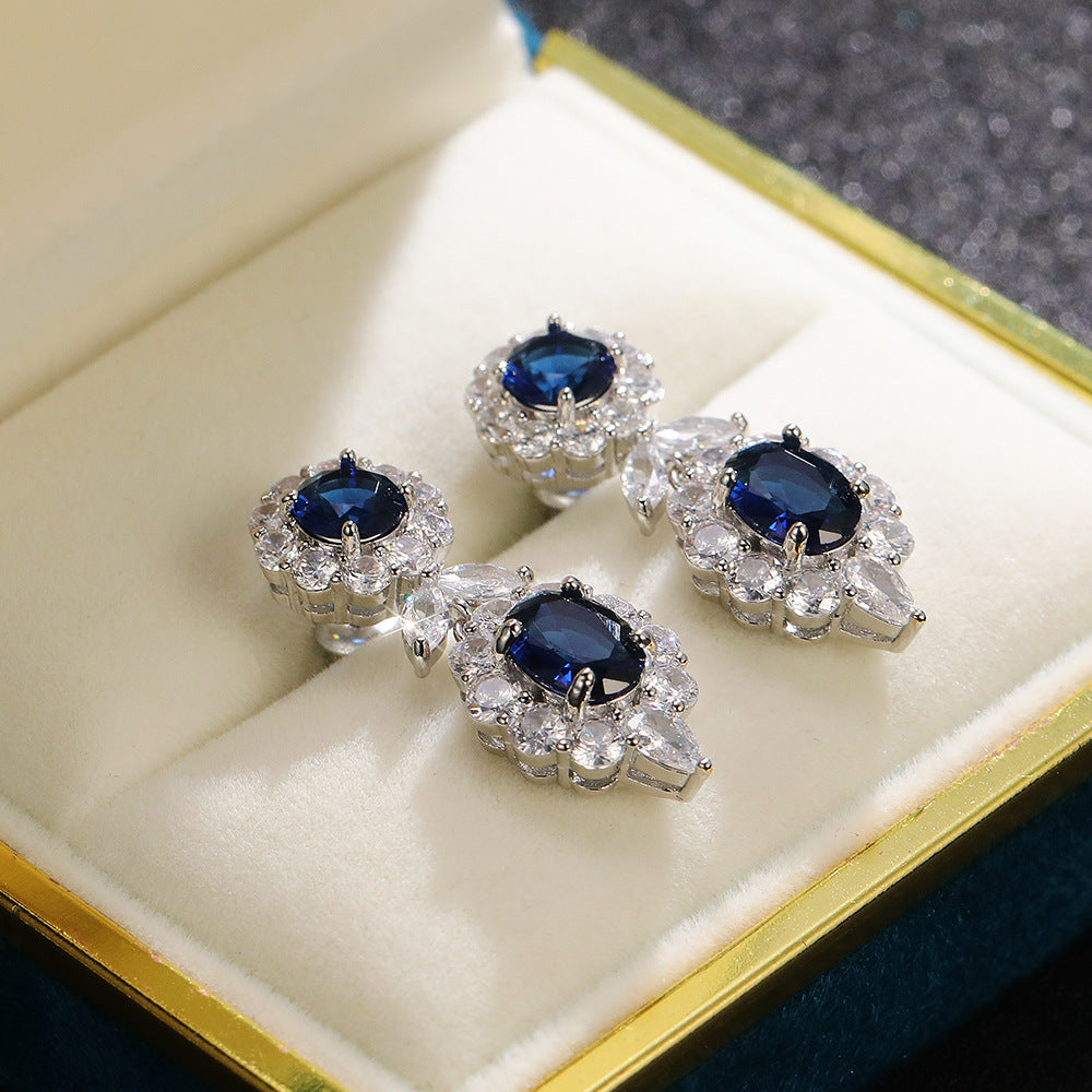 NO.10-Luxury exquisite sapphire blue zircon earrings for women, new light luxury New Year's earrings