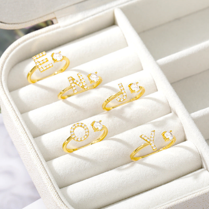 no.75-26 Letter Ring Gold Ladies Zircon Ring Creative Finger Adjustable