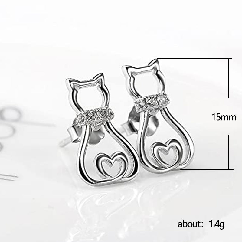 3.Cute hollow zircon cat stud earrings, sweet kitten animal ear jewelry