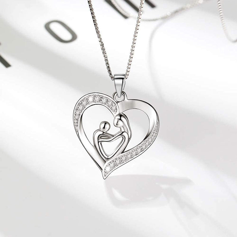No. 33 - Heart-shaped Mother and Child Embrace Pendant 925 Silver Necklace, Cute and Elegant, Fashion Jewelry