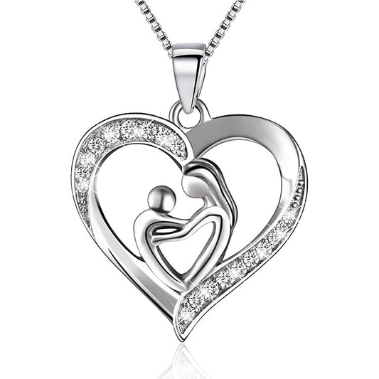 No. 33 - Heart-shaped Mother and Child Embrace Pendant 925 Silver Necklace, Cute and Elegant, Fashion Jewelry