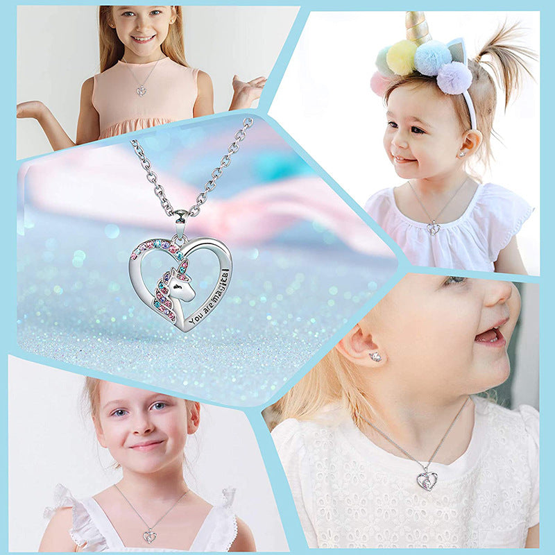 No. 34 - Heart-shaped colorful masonry unicorn pendant 925 silver necklace, cute and elegant, fashion jewelry
