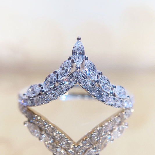 NO.26-Ladies Fashion Jewelry, Fashion V Shape Micro Paved Zircon Ring Women Princess Engagement Promise Ring
