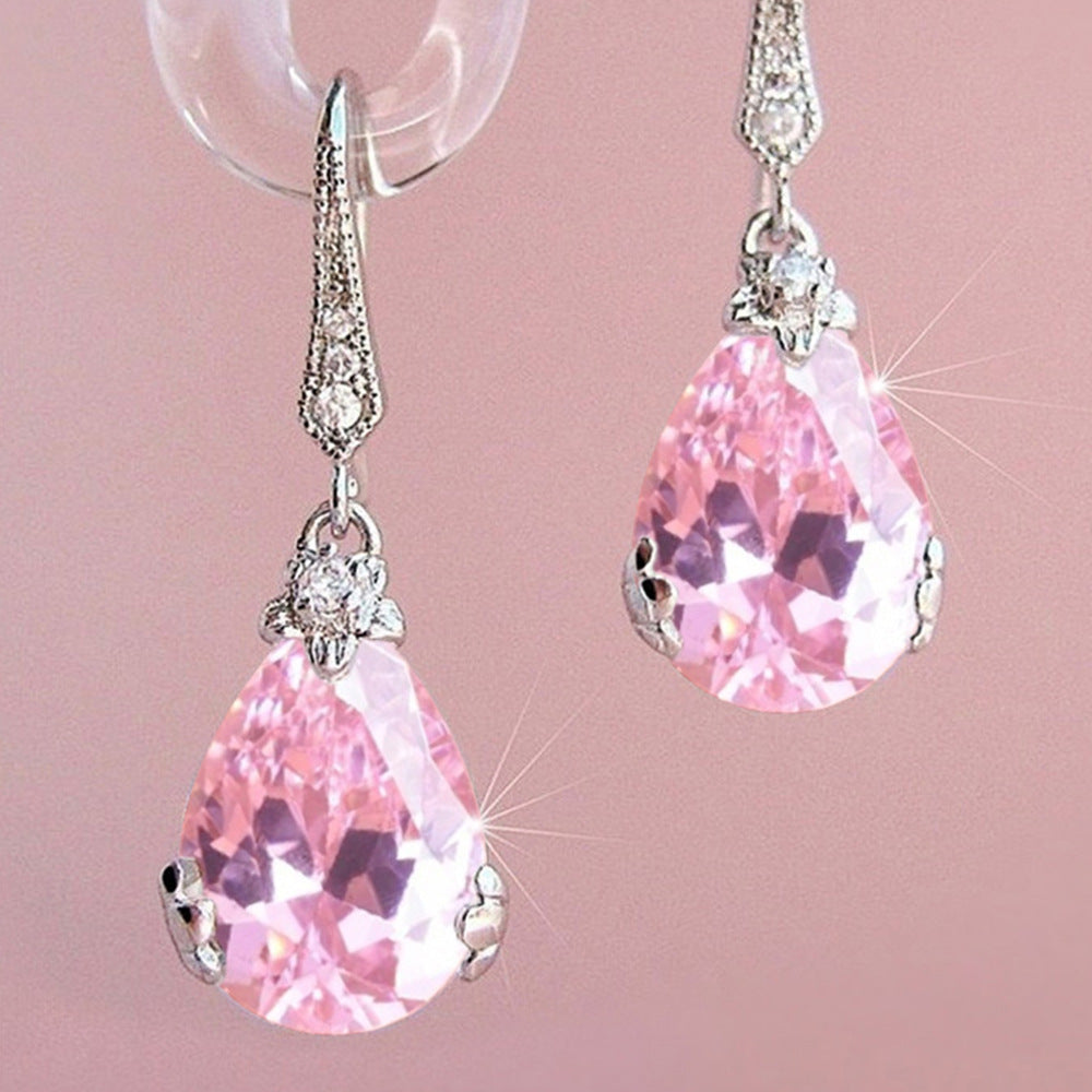 NO.15-Women's Fashion Accessories Jewelry, Pink Water Drop Zircon Simple Versatile Earrings