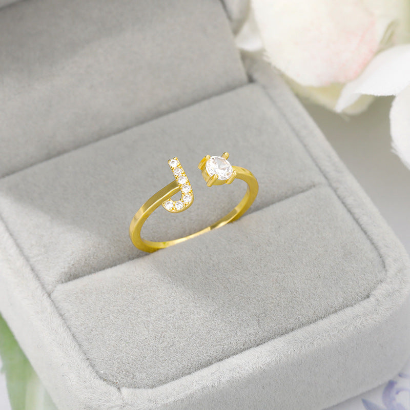 no.75-26 Letter Ring Gold Ladies Zircon Ring Creative Finger Adjustable