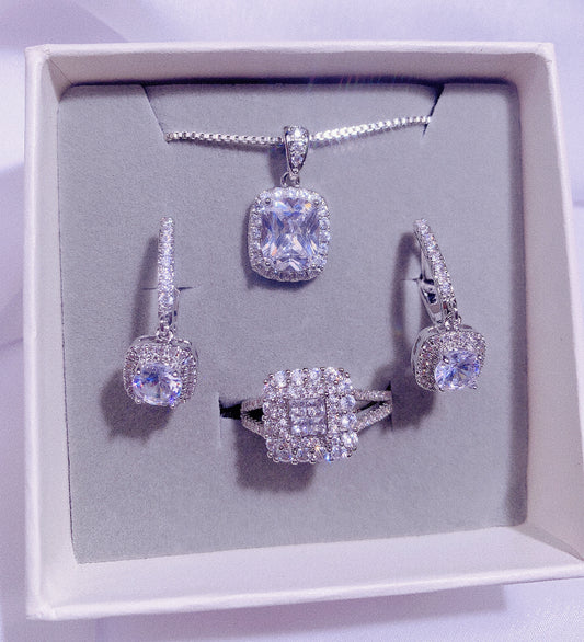 Ladies Fashion Jewelry 3-piece Set, White Shiny Square Necklace, Shiny Versatile Square Earrings, Shiny Square Ring