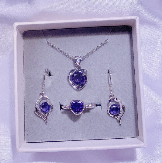 Ladies Jewelry, Purple Three Piece Set, Love Necklace, Positive Droplet Dangle Earrings, Love Spin Ring