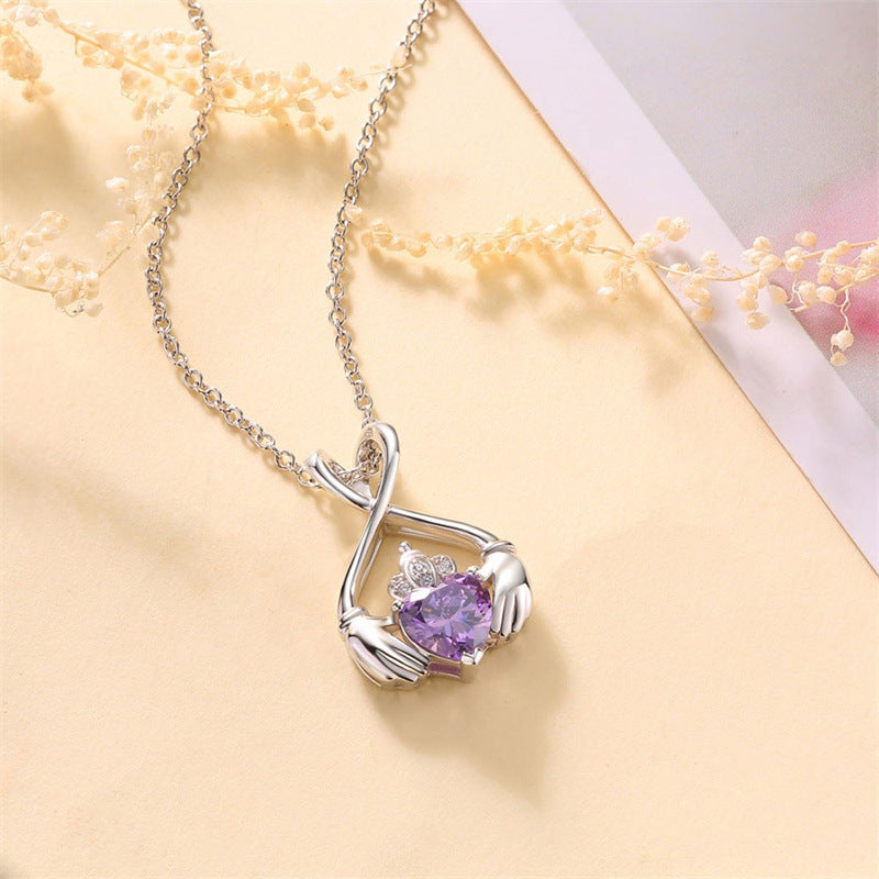 NO.9-Ladies Fashion Accessories Jewelry, Purple Hand Holding Love Pendant Necklace, Angel Wings Crown Necklace