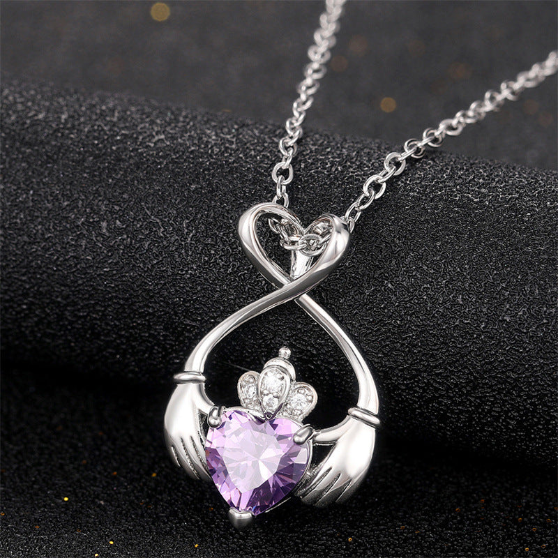 NO.9-Ladies Fashion Accessories Jewelry, Purple Hand Holding Love Pendant Necklace, Angel Wings Crown Necklace
