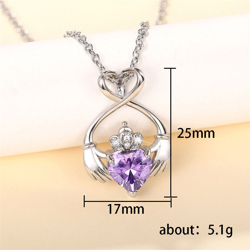 NO.9-Ladies Fashion Accessories Jewelry, Purple Hand Holding Love Pendant Necklace, Angel Wings Crown Necklace