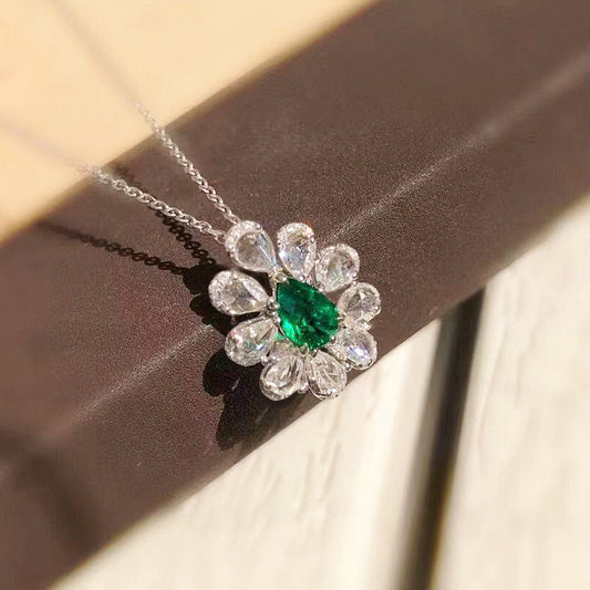NO.11-Women's Fashion Accessories Jewelry, Green Droplet Zircon Flower Necklace