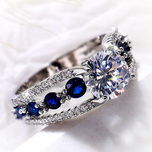 NO.17-Women's Fashion Accessories Jewelry, Dark Blue Luxury Banquet Creative Hollow Zircon Ring