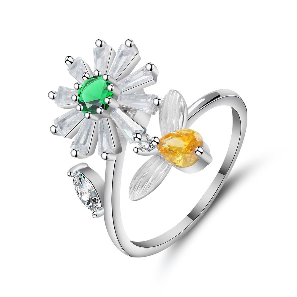 NO.57-Women's fashion small daisy flower small bee creative, sweet and cute, adjustable ring split ring