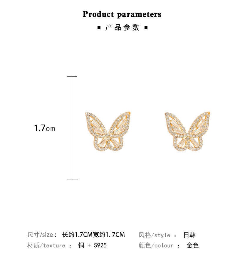 NO.1-S925 Silver Needle Super Flash Crystal Zircon Butterfly Earrings Femininity Versatile Stud Earrings