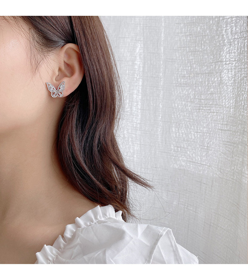 NO.1-S925 Silver Needle Super Flash Crystal Zircon Butterfly Earrings Femininity Versatile Stud Earrings