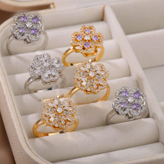 NO.4-woman fashion spinning ring, zircon lucky clover ring，open ring, adjustable ring