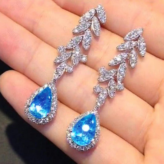 NO.31-Women's fashion accessories, French design sea blue zircon drop earrings Delicate niche high-end pear-shaped earrings