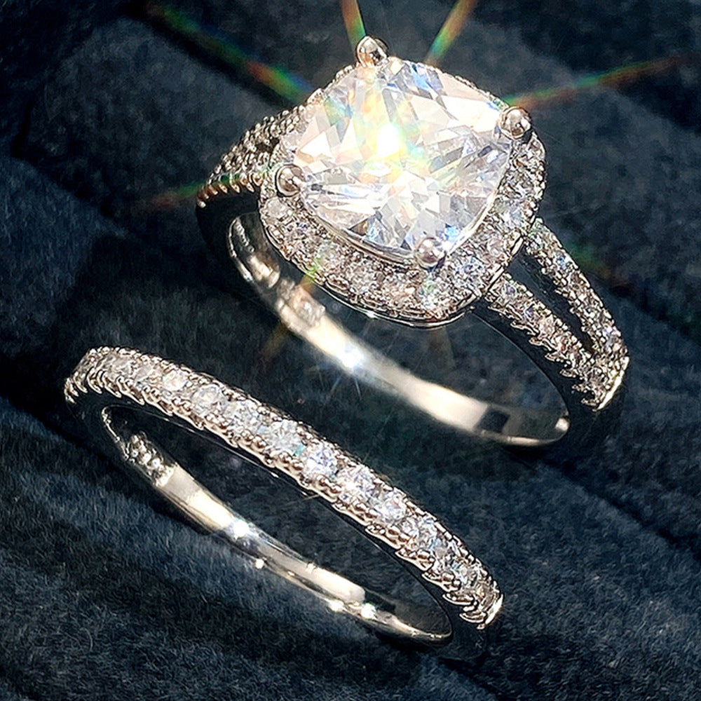 NO.7-Explosive style micro-studded diamond zircon set ring Light luxury square diamond engagement couple ring