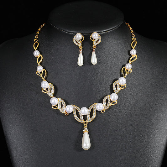 NO.26-New Ladies Pearl Gem Necklace Set Women Fashion Necklace Earrings Jewelry Two-Piece Set, Party, Gift