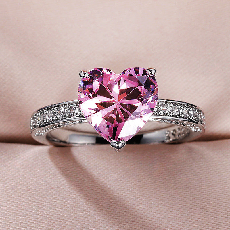 NO.32-Heart-shaped zircon ring with pink diamonds