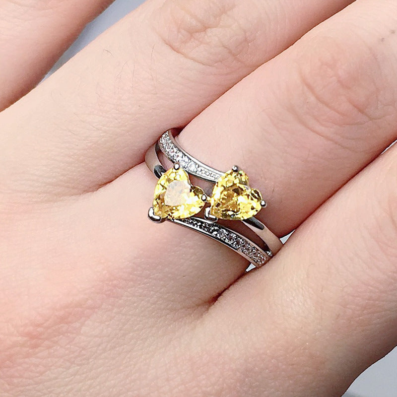 Nr. 68-Damen Zirkon Ring Doppel Herz Edelstein Rhodiniert Kupfer Ring