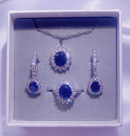 Nr. 11 - Damenmode-Accessoires Dunkelblaues dreiteiliges Set, ovale Halskette, Tropfenohrringe, ovaler Ring