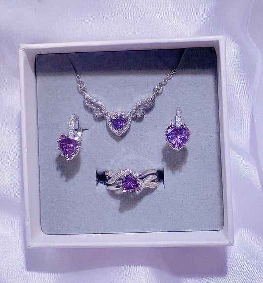 Nr. 1 - Modeschmuck für Damen, dreiteiliges Set in Lila, Liebeshalskette mit Engelsflügeln, Liebesohrringe, speziell entworfener Liebesring
