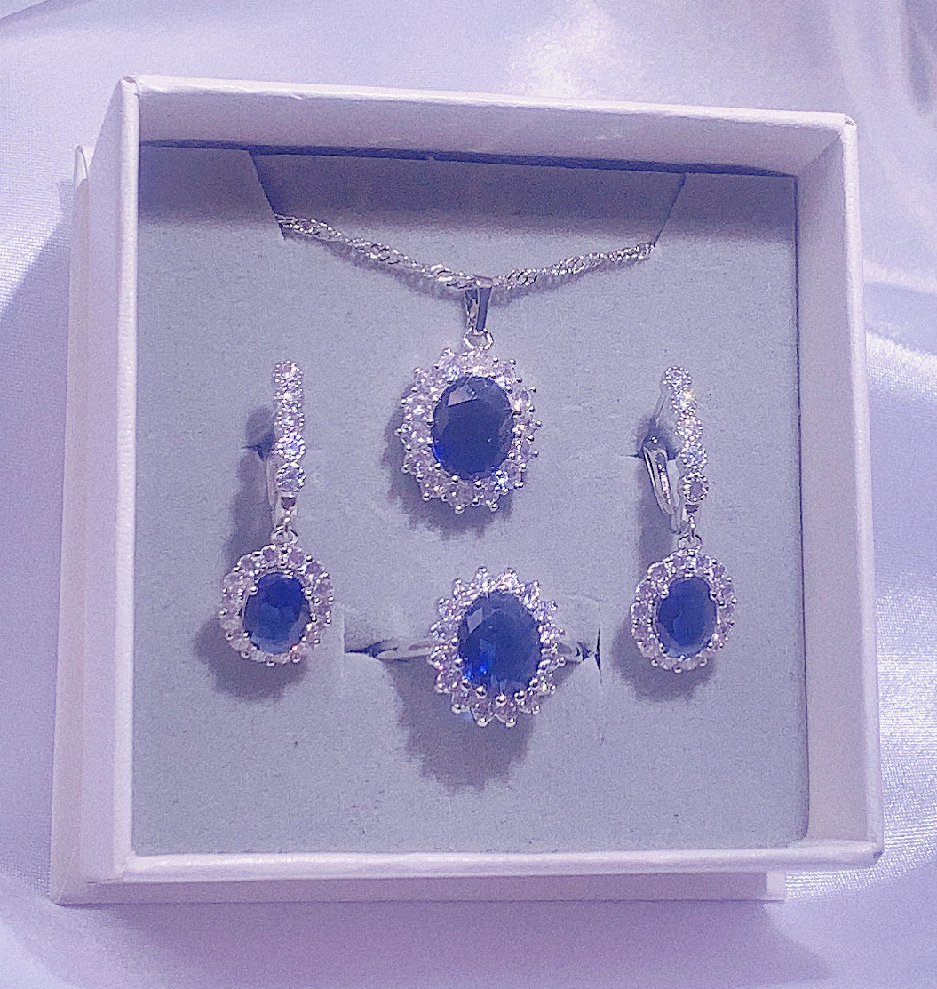 Nr. 11 - Damenmode-Accessoires Dunkelblaues dreiteiliges Set, ovale Halskette, Tropfenohrringe, ovaler Ring