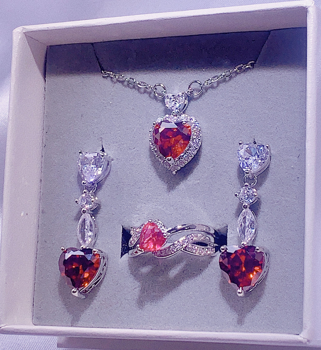 Nr. 8 - Rotes dreiteiliges Damen-Modeaccessoires-Set, Herzkette, lange Herzohrringe, umwickelter Herzring