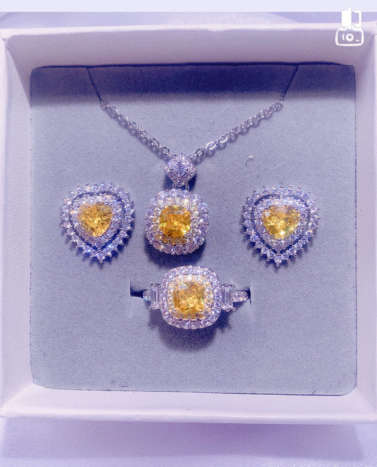 NO.16-Ladies Fashion Accessories Yellow Three-Piece Set, Stunning Square Necklace, Flower Cute Love Earrings, Square Ring