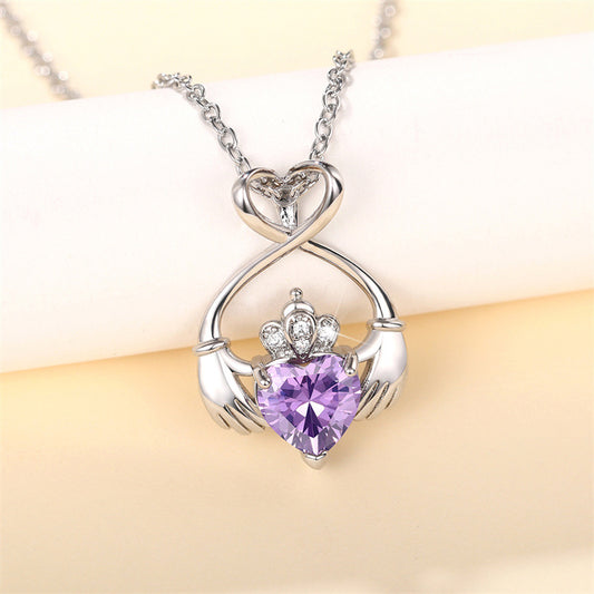 NO.9-Ladies Fashion Accessories Jewelry, Purple Hand Holding Love Pendant Necklace, Angel Wings Crown Necklace