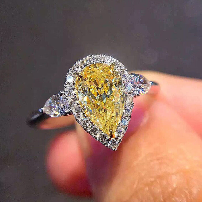 Nr. 71-Damen Modeschmuck, klassischer gelber Wassertropfen-Perlen-Zirkonring