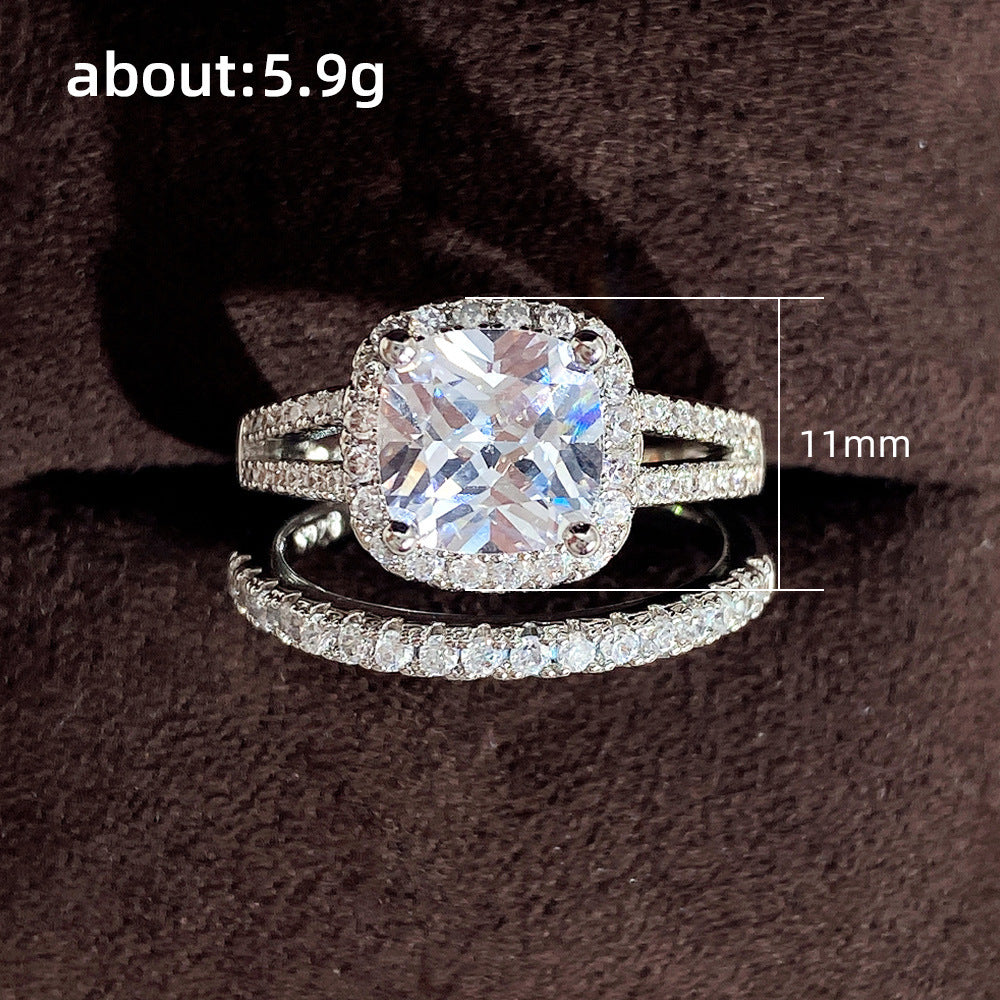 NO.7-Explosive style micro-studded diamond zircon set ring Light luxury square diamond engagement couple ring