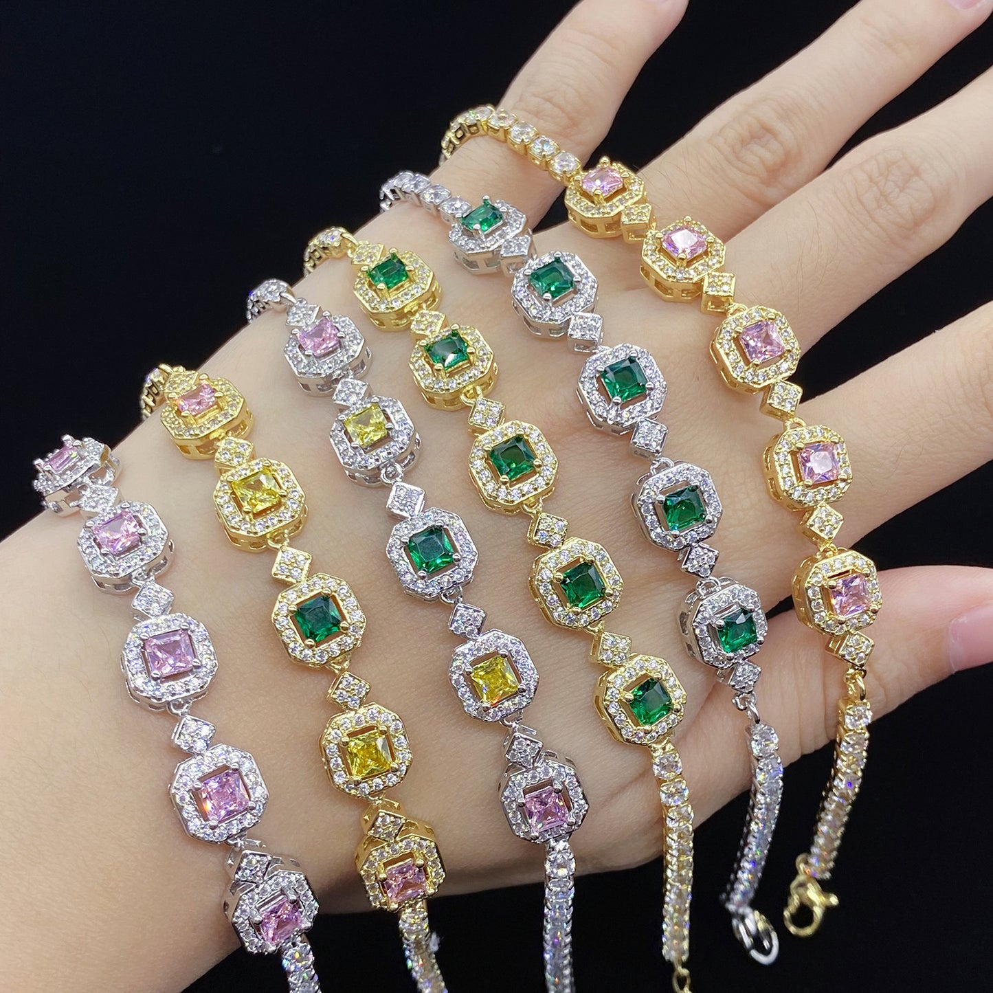 NO.8-Women's fashion jewelry, square colorful bracelet full of diamonds