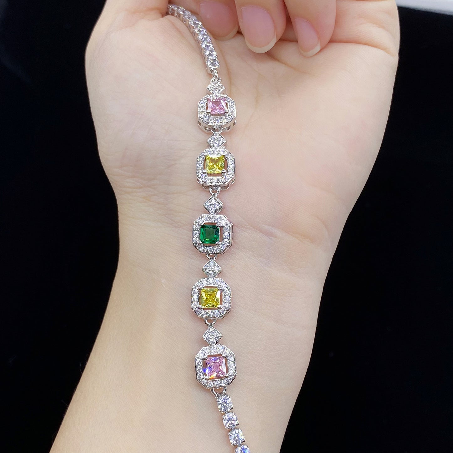 NO.8-Women's fashion jewelry, square colorful bracelet full of diamonds